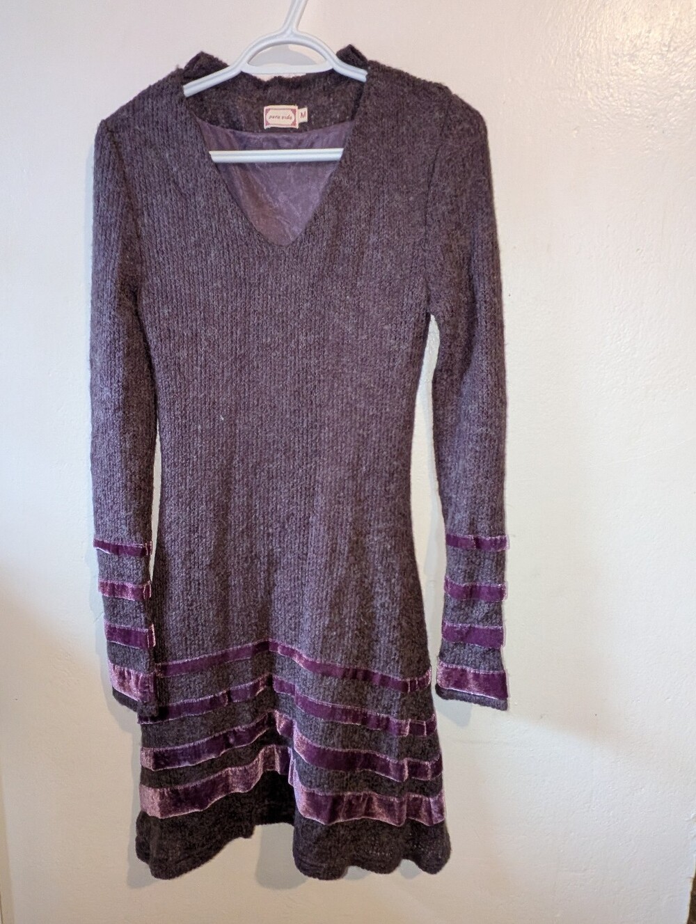 Pura Vida Heathered Purple V‑Neck Long Sleeve Knit Dress with Velvet Stripes